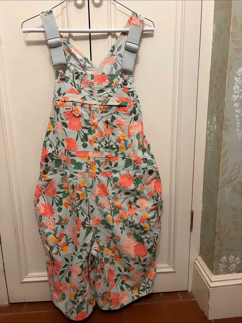 Duluth Trading Co Floral Romper Overalls in Mint, Coral, Yellow